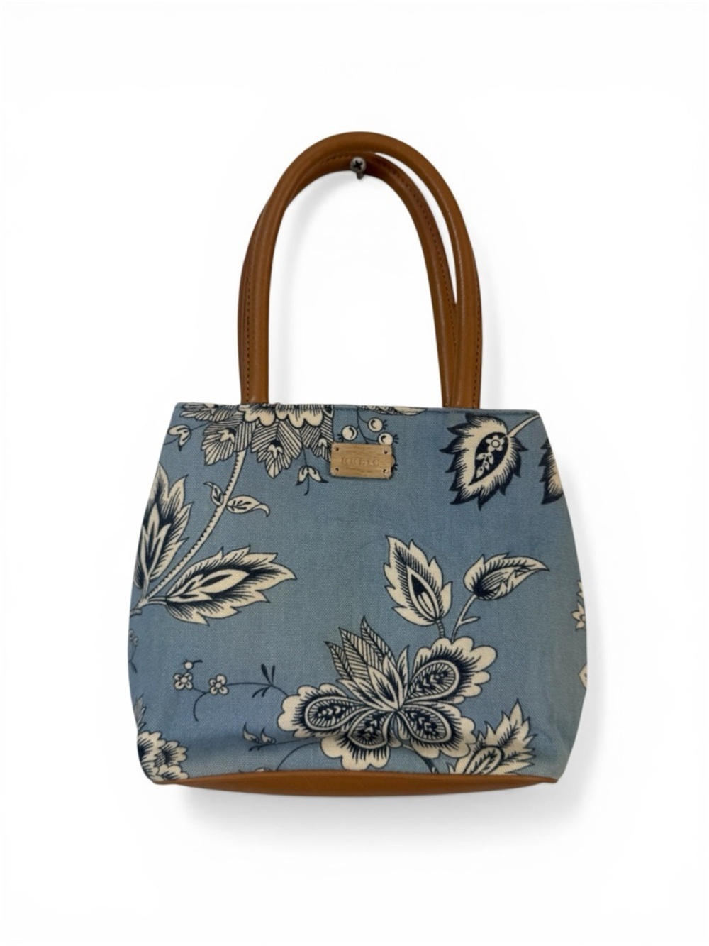 Relic Blue Floral Small Canvas Satchel Bag Cognac Leather Trim Boho Cottagecore